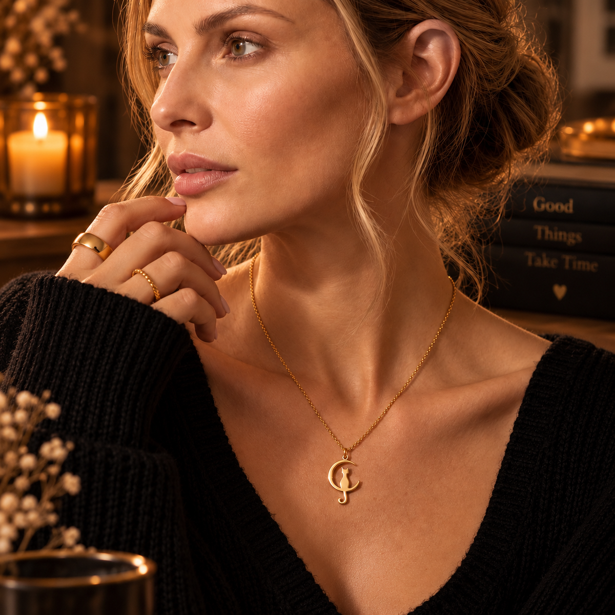 Crescent Moon Cat Necklace