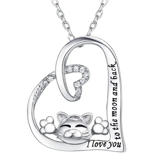 Luxury Silver Cat Love Heart Pendant – 'Love You to the Moon & Stars'