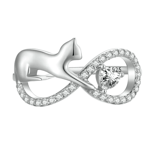 Elegant Infinity Cat Heart Ring in Silver