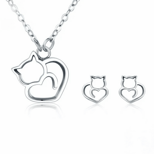 Sterling Silver Cat Heart Jewelry Set